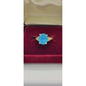 Vntg. 14K Yellow Gold HUGE DEEP BLUE TOPAZ Pear Cut Ring Diamond Accents 5 Grams